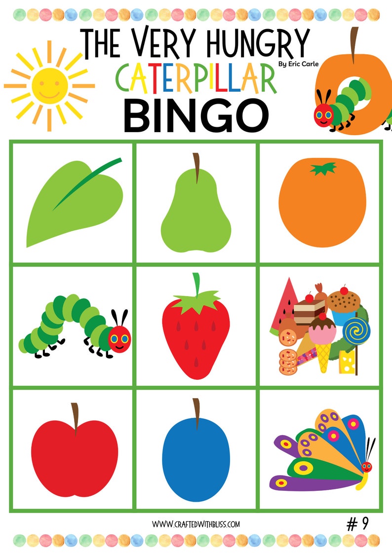 Puede incluir: Tablero de juego de bingo La Oruga Muy Hambrienta con una hoja verde, una pera verde, una naranja, una oruga verde, una fresa roja, un mont&oacute;n de golosinas surtidas, una manzana roja, una ciruela azul y una mariposa colorida. El juego est&aacute; basado en el popular libro infantil de Eric Carle.