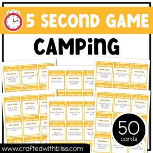 Thème de fête de camping 5 secondes de jeu 50 cartes Un campeur heureux s'amuser vendredi Briser la glace Pause cerveau Jeu de camp d'été Salle de classe Soirée de jeux en famille