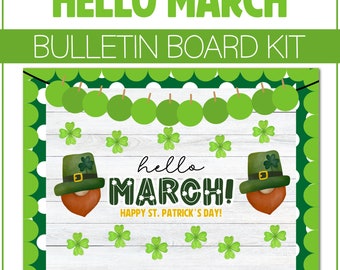 Hello March St. Patrick's Day Bulletin Board Kit Door Classroom Decor Bulletin Decoration Leprechaun Theme Preschool Kindergarten Elementary