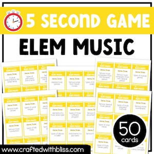 May include: A set of 50 yellow and white cards with the text "ELEM MUSIC" and various music-related questions. The cards are designed for a 5-second game.