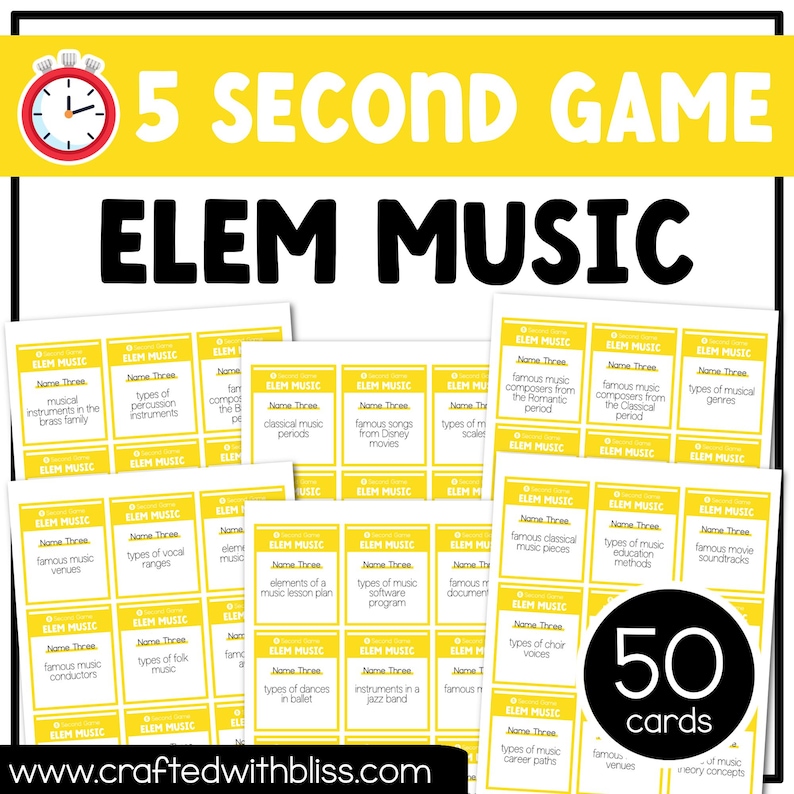 May include: A set of 50 yellow and white cards with the text "ELEM MUSIC" and various music-related questions. The cards are designed for a 5-second game.