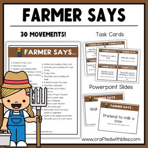 May include: A colorful educational resource titled "Farmer Says" with task cards and PowerPoint slides. The image features a cartoon farmer character and instructions for 30 movements, including pretending to milk a cow and walking like a duck.