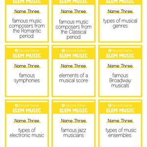 May include: Nine yellow cards with the text "Second Game Elem Music" and a name-that-tune style music trivia question.  The questions ask to name three famous composers from the Romantic period, three famous symphonies, three famous composers from the Classical period, three elements of a musical score, three types of musical genres, three famous Broadway musicals, three types of electronic music, three famous jazz musicians, and three types of music ensembles.