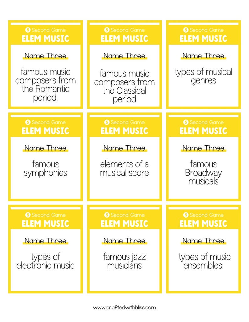 May include: Nine yellow cards with the text "Second Game Elem Music" and a name-that-tune style music trivia question.  The questions ask to name three famous composers from the Romantic period, three famous symphonies, three famous composers from the Classical period, three elements of a musical score, three types of musical genres, three famous Broadway musicals, three types of electronic music, three famous jazz musicians, and three types of music ensembles.