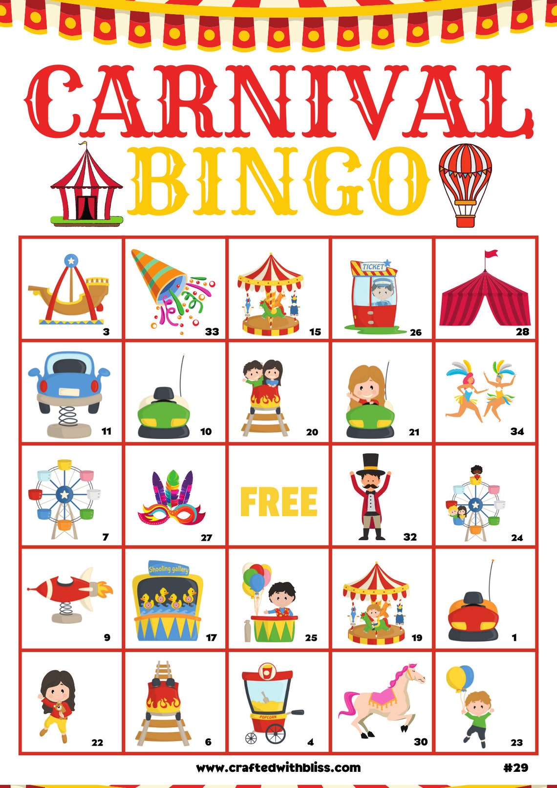 Carnival Bingo for Kids Carnival Bingo Birthday Party Etsy