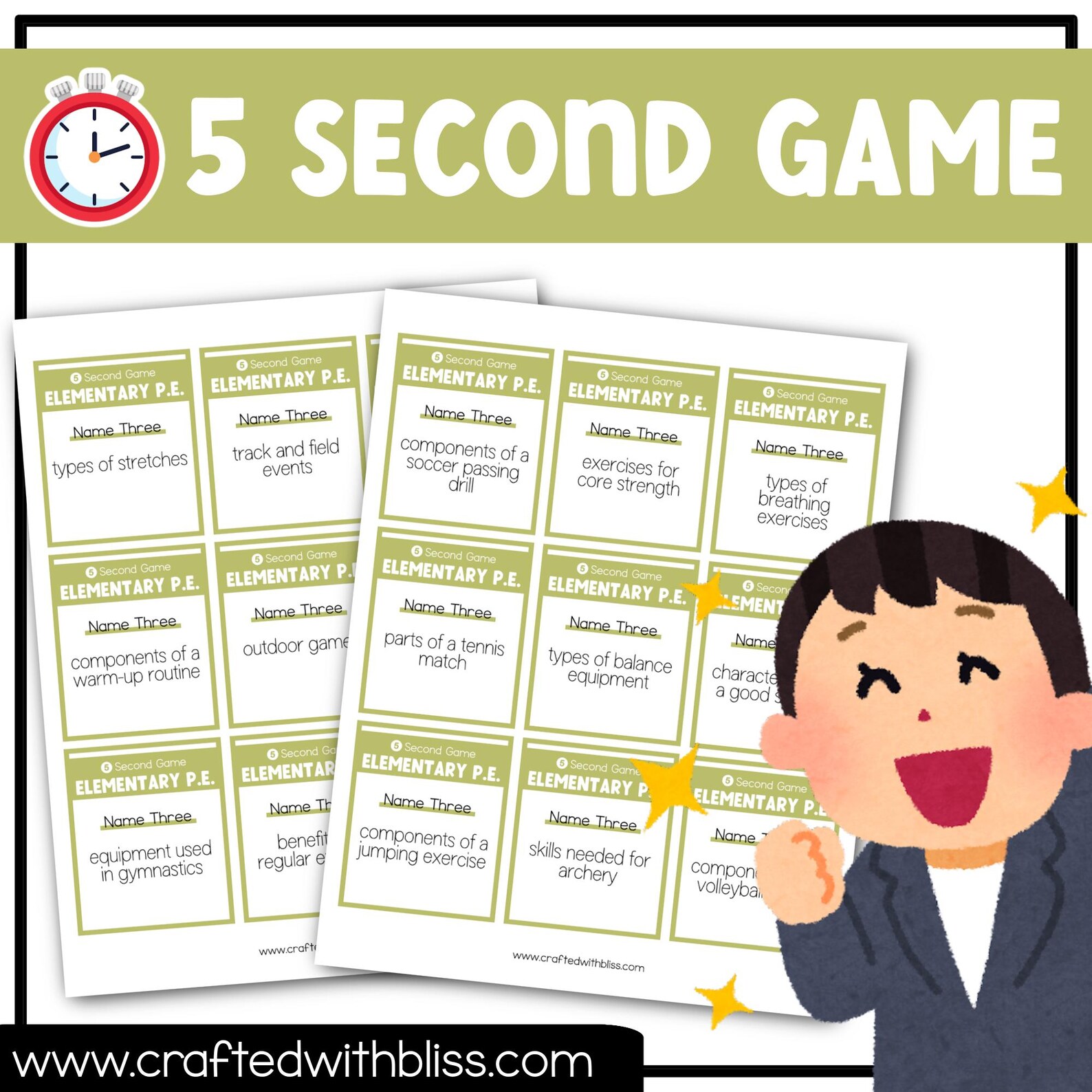 Elementary PE 5 Second Game 50 Cards Fun Friday Ice Breaker Brain Break ...