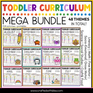 May include: A colorful educational bundle titled "Toddler Curriculum Mega Bundle" with 48 themes. The image features monthly themed activity sheets with illustrations of a pencil, pumpkin, spider, turkey, gingerbread house, penguin, cupcake, leprechaun, rainbow, soccer balls, sandcastle.
