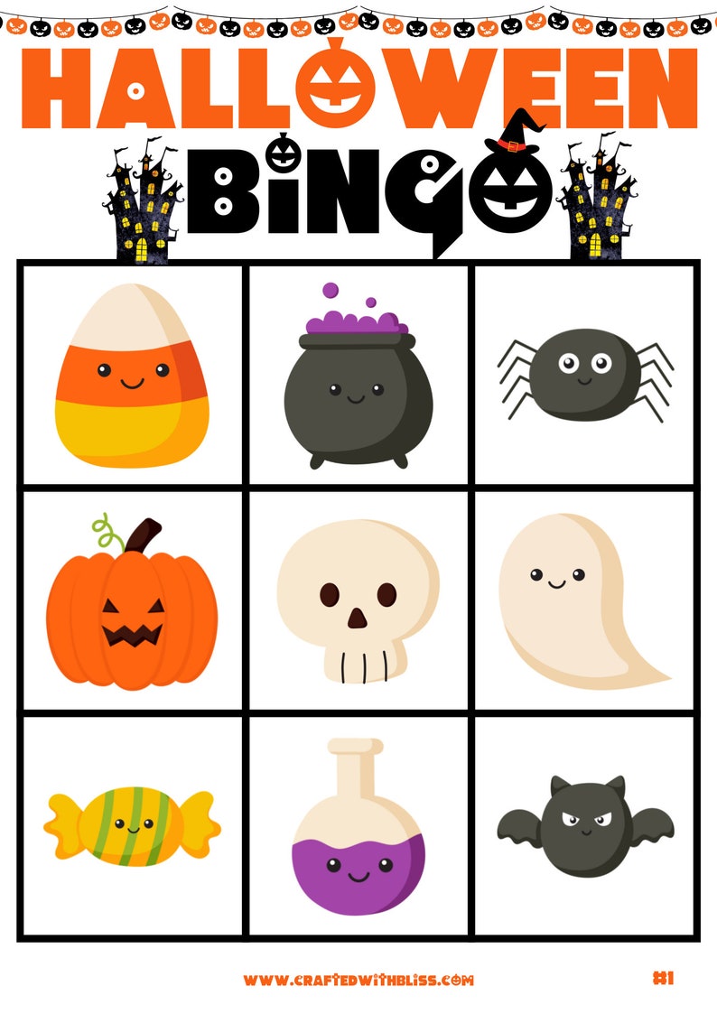 May include: Halloween Bingo card with nine squares featuring various Halloween icons, including a candy corn, a cauldron, a spider, a pumpkin, a skull, a ghost, a candy, a potion bottle, and a bat.