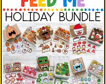 Op de afbeelding: Een Feed Me Holiday Bundle educatieve set met kartonnen dozen met karakteruitsparingen en bijpassende sensorische bakken. De collectie bevat thema's voor Halloween, Thanksgiving, Kerstmis, Valentijnsdag, St. Patrick's Day en Pasen.