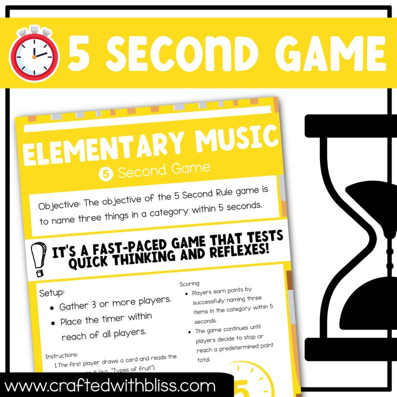 Elementary Music 5 Second Game 50 Cards Fun Friday Ice Breaker Brain Break image 2
