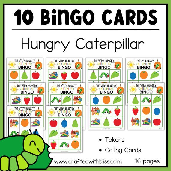 Hungry Caterpillar Bingo Classroom Game Preschool Kindergarten (10 Cards) Baby Shower BINGO Party Game Daycare Playdate