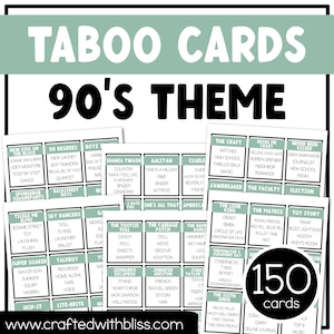 Juego de fiesta tabú con temática de los 90, 150 cartas, divertido viernes, rompehielos, descanso mental, palabras prohibidas en el aula