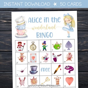 50 Alice in the Wonderland Bingo Cards Classroom Game, Party Game, Work Office Game, Games for adults, Game night, Alice Games Activities