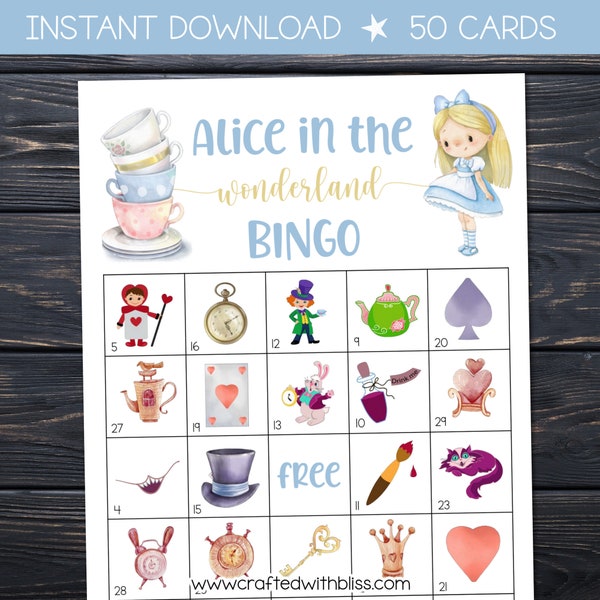 50 cartes de bingo Alice au pays des merveilles, jeu de classe, jeu de fête, jeu de bureau, jeux pour adultes, soirées jeux, jeux d'Alice