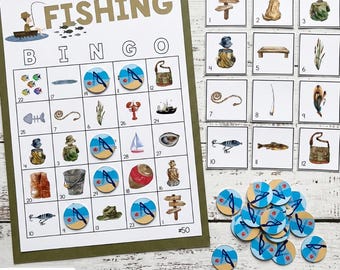 May include: A fishing-themed bingo game set featuring a large game board with the text FISHING BINGO, a grid of numbered squares, a set of square calling cards with various fishing illustrations, and a collection of round game tokens.