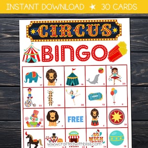 Circus bingokaarten voor kinderen, Circus Bingo verjaardagsfeestje, Circus klas bingospel, Circus kleuterschool bingo activiteit. Circusfeest