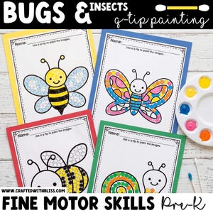 Op de afbeelding: Vier werkbladen getiteld BUGS & INSECTS q-tip painting met illustraties van een bij, vlinder en slak. Elk blad heeft een stippellijn om in te kleuren. Een witte verfpalet met zes kleuren en twee wattenstaafjes zijn inbegrepen.