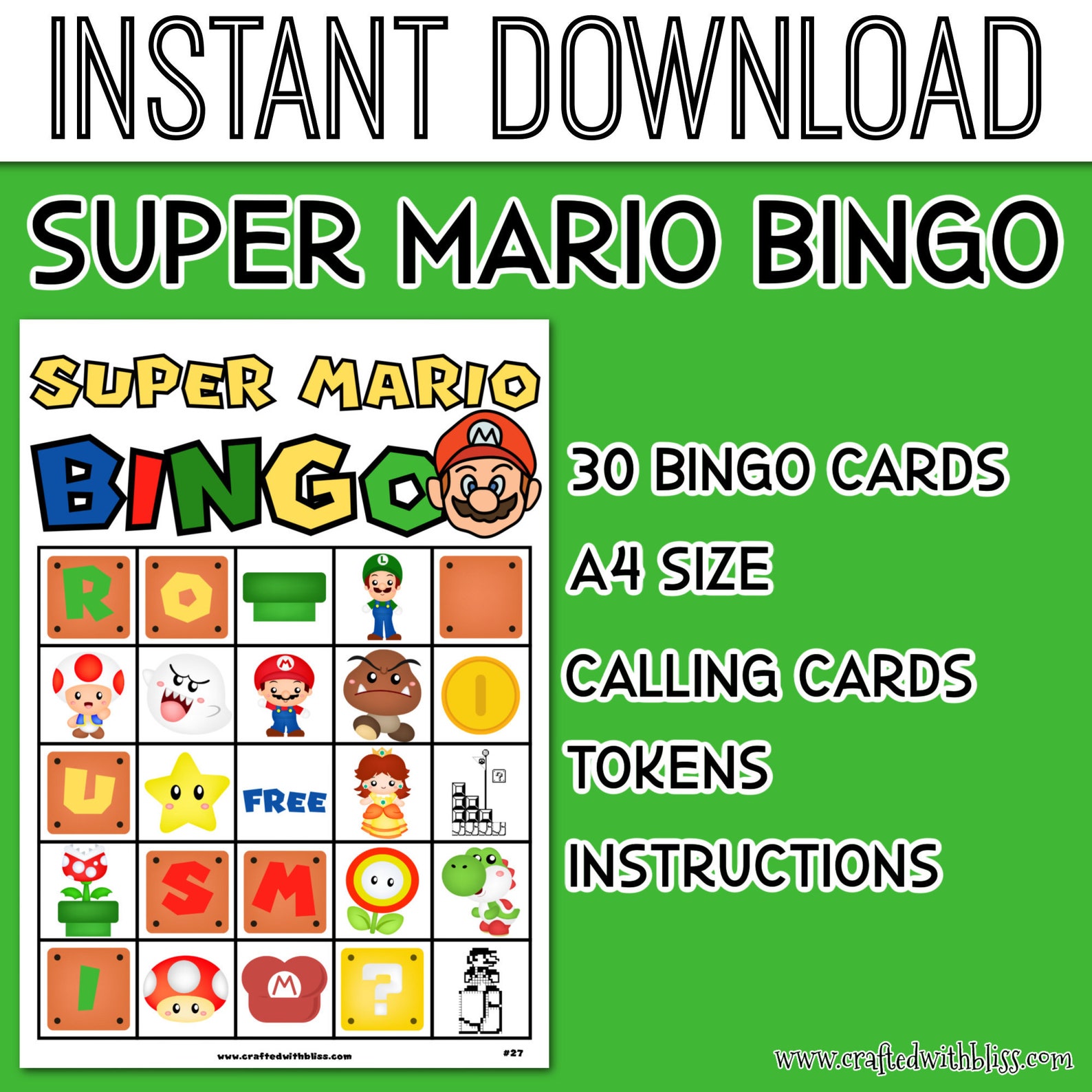 Super Mario BINGO for Kids 30 Unique Mario Cards Mario - Etsy