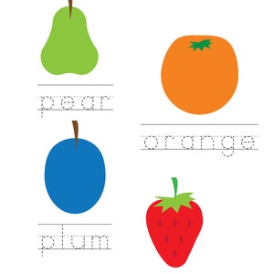 Puede incluir: Una hoja de trabajo imprimible para que los ni&ntilde;os tracen las palabras pera, naranja, ciruela y fresa. Cada palabra est&aacute; emparejada con una ilustraci&oacute;n colorida de la fruta.