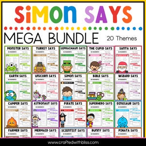 Paquete de 20 juegos imprimibles de movimiento "Simón dice" para niños pequeños, preescolar, guardería, jardín de infantes, tiempo en círculo, tarjetas de motricidad gruesa.