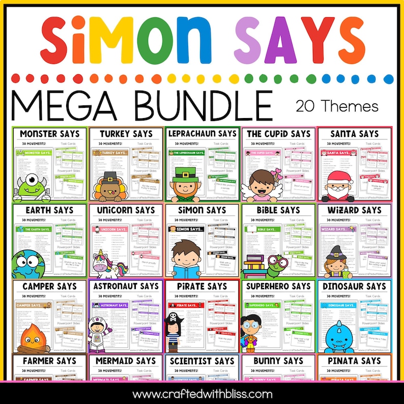 May include: A colorful educational bundle titled "Simon Says Mega Bundle" with 20 themes. Each theme features a cartoon character and the words "Simon Says" above a list of movements. Themes include Monster, Turkey, Leprechaun, Cupid, Santa, Earth, Unicorn, Simon, Bible, and Wizard.
