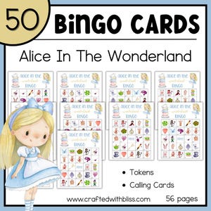 50 cartes de bingo Alice, jeu de société chapelier fou, idée d'activité d'anniversaire, jeux de goûter, brise-glace de jardin, jeu convivial pour baby shower