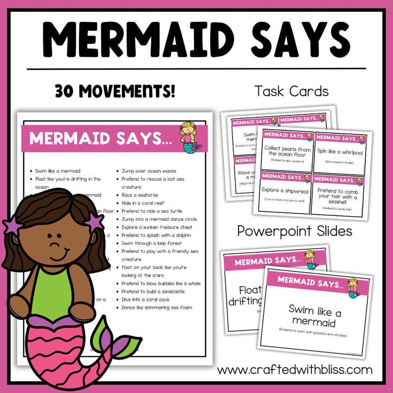 May include: A colorful educational resource titled "Mermaid Says" with task cards and PowerPoint slides. The main image features a cartoon mermaid and a list of 30 movements, including "Swim like a mermaid" and "Jump over ocean waves."