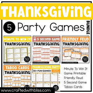 Op de afbeelding: Een bundel van vijf Thanksgiving-partyspellen. De spellen omvatten "Minute to Win It", "5 Second Game", "Friendly Feud", "Taboo Cards" en "Thanksgiving Party". Elk spel heeft een verschillend aantal kaarten.