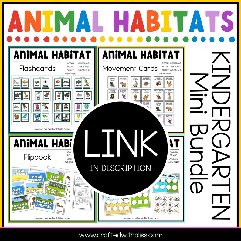 May include: A colorful digital download for kindergarten teachers featuring animal habitats. The download includes flashcards, movement cards, and a flipbook. The text "Kindergarten Mini Bundle" is in large, colorful letters.