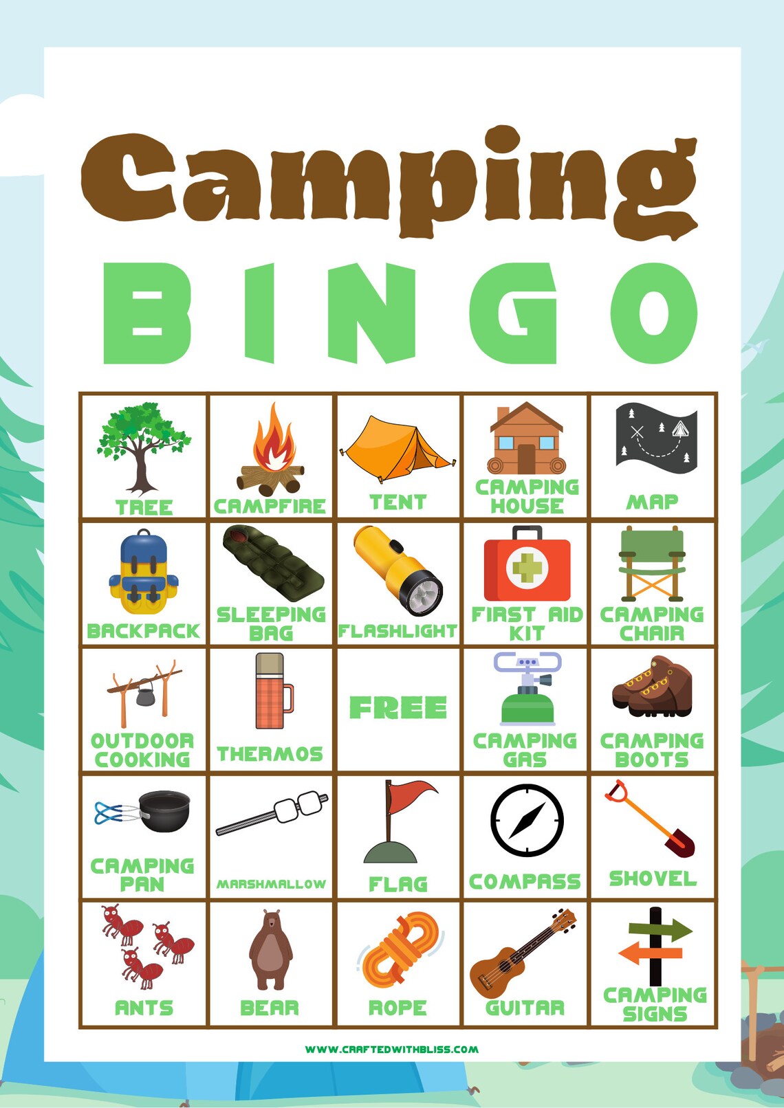 Camping Bingo For Kids Camping Bingo Birthday Party Etsy