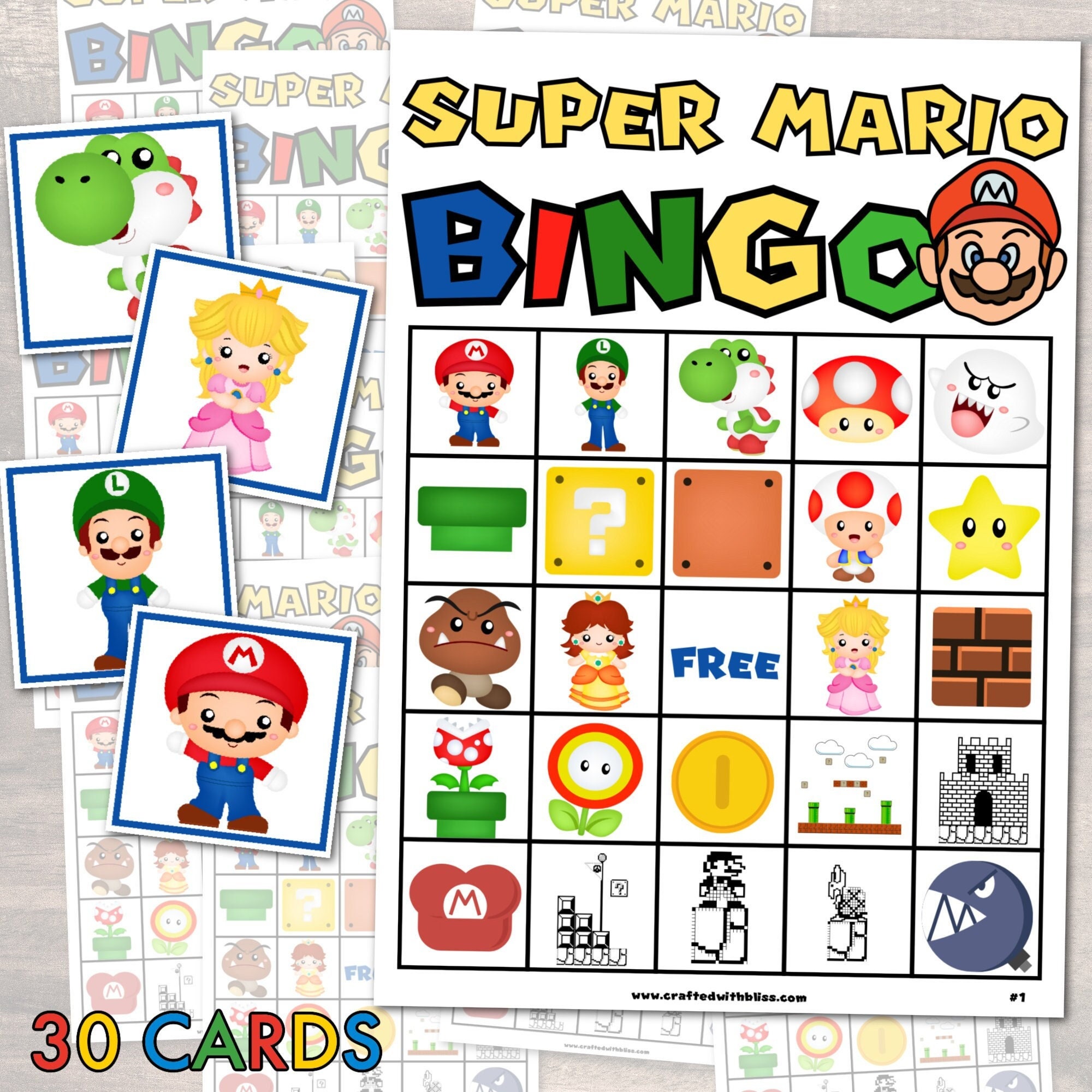 Super Mario BINGO for Kids 30 Unique Mario Cards Mario - Etsy