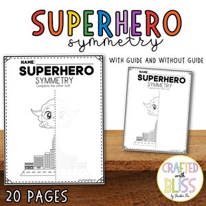 K&ouml;nnte beinhalten: Schwarzwei&szlig;es druckbares Arbeitsblatt mit dem Titel "SUPERHERO SYMMETRY" und der Anweisung "Vervollst&auml;ndige die andere H&auml;lfte". Das Arbeitsblatt zeigt eine Superheldenfigur und eine Stadtlandschaft.