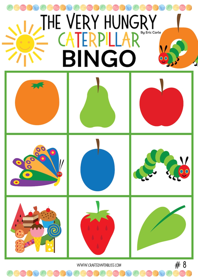 Puede incluir: Una tarjeta de bingo colorida con im&aacute;genes del libro infantil "La Oruga Muy Hambrienta" de Eric Carle. Las im&aacute;genes incluyen una hoja verde, una manzana roja, una ciruela azul, una naranja amarilla, una pera verde, una oruga, una mariposa, una fresa y un plato de comida.