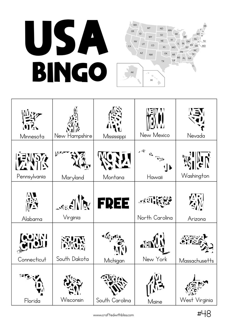 50 USA Bingo Cards 5x5 US States Theme US States Bingo - Etsy