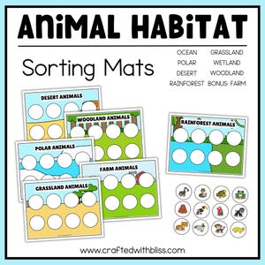May include: A set of printable animal habitat sorting mats for kids. The mats feature different animal habitats, including desert, woodland, polar, grassland, rainforest, and farm. Each mat has blank circles for children to place animal pictures on.