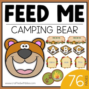 Nourris l'ours camping thème Centre d'alphabétisation Feed Me Centre de mathématiques Camping anniversaire Ours Cartes à tâches