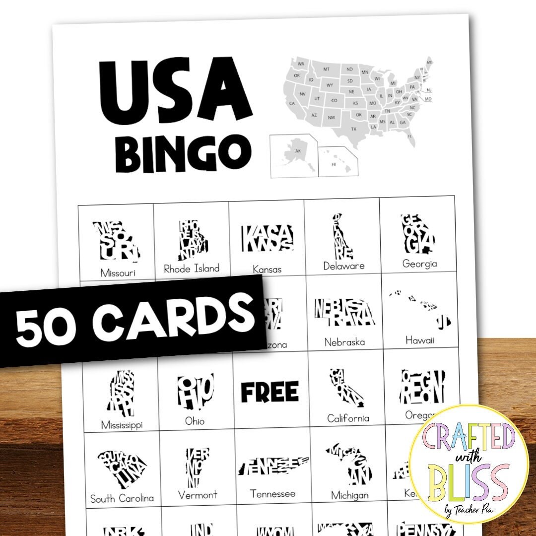 50 USA Bingo Cards 5x5 US States Theme US States Bingo Etsy