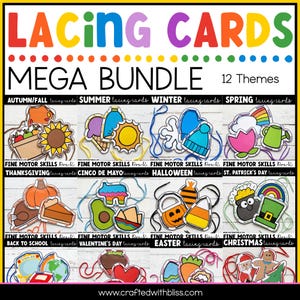 Könnte beinhalten: Ein Set aus Schnürkarten mit 12 Themen, darunter Herbst, Sommer, Winter, Frühling, Thanksgiving, Cinco de Mayo, Halloween, St. Patrick's Day, Schulanfang, Valentinstag, Ostern und Weihnachten mit farbenfrohen Illustrationen.