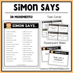 May include: Educational resource featuring "Simon Says" game instructions. The image displays task cards, a list of 30 movements, and PowerPoint slides. The title "Simon Says" is prominently displayed in bold, black letters. The resource is designed for interactive learning.