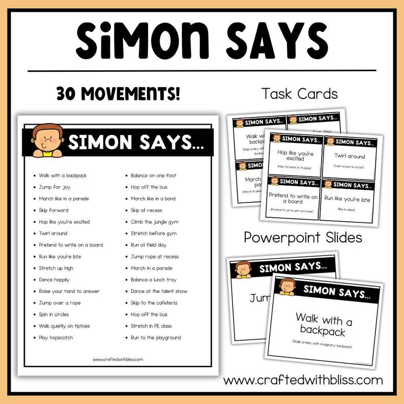 May include: Educational resource featuring "Simon Says" game instructions. The image displays task cards, a list of 30 movements, and PowerPoint slides. The title "Simon Says" is prominently displayed in bold, black letters. The resource is designed for interactive learning.