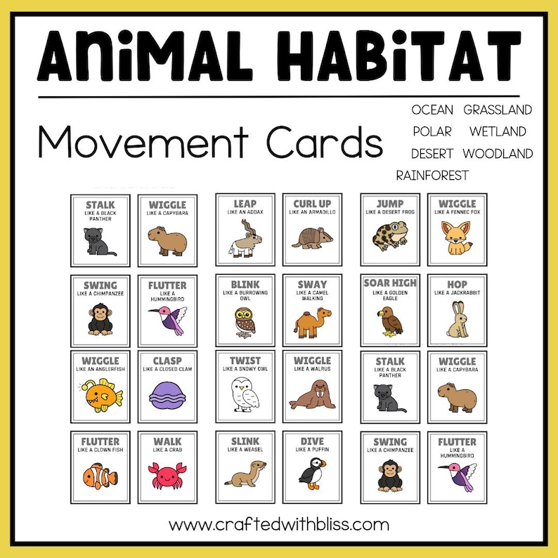 May include: A set of 20 colorful animal movement cards with illustrations of animals and descriptions of their movements. The cards are labeled with the animal's movement, such as "wiggle like a capybara" or "stalk like a black panther".