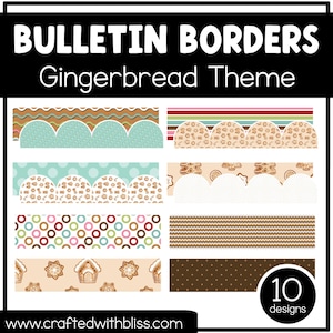 May include: Ten gingerbread themed bulletin board borders. The borders feature various patterns including gingerbread men, candy canes, and stars. The borders are in various colors including brown, red, white, blue, and green.