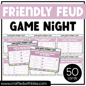 May include: A collection of "Friendly Feud" game cards for game night. The cards are pink and white with black text, featuring categories like "Name a Type of Salad" and "Name Something People Do to Relax." The set includes 50 cards.