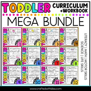 Op de afbeelding: Een mega-bundel met peutercurriculum en werkboeken bestaande uit twaalf maandelijkse educatieve sets. Elke set bevat zwart-wit werkbladen voor geletterdheid, wiskunde, wetenschap en levensvaardigheden, gerangschikt in een raster.