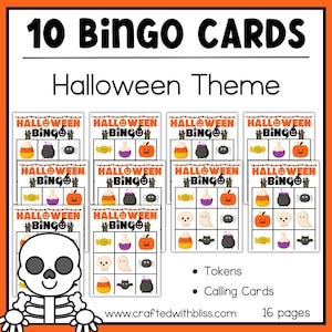 May include: Ten printable Halloween bingo cards with a variety of spooky images including a cauldron, candy corn, a ghost, a bat, a pumpkin, and a spider. The cards are ready to be printed and played.