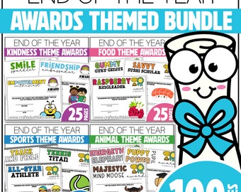 Editable End of the Year Awards Classroom Certificate Themed Bundle Sports Kindness Food Animal Theme