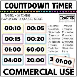 May include: A set of 18 pastel-colored countdown timers for PowerPoint and Google Slides. The timers range from 3 seconds to 1 hour. The text "CRAFTED CLIPARTS" is in the top right corner of the image.
