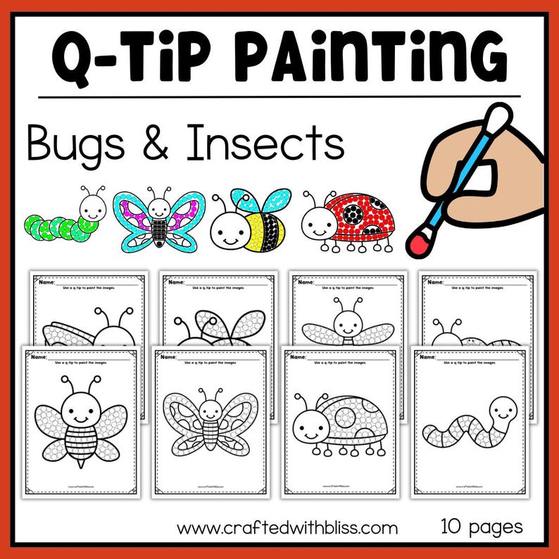 Op de afbeelding: Een Q-Tip Painting Bugs & Insects activiteitenset met 10 pagina's met zwart-wit omtrekken van een rups, vlinder, bij en lieveheersbeestje. Bovenaan staan gekleurde voorbeelden en een hand die een wattenstaafje met rode verf vasthoudt.