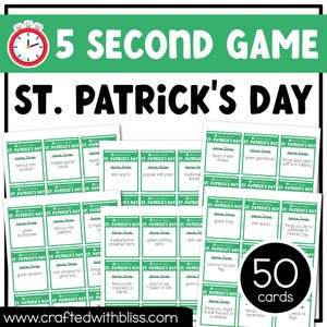 May include: A St. Patrick's Day themed game with 50 cards. The game is titled "5 Second Game" and features various categories related to Irish culture, including food, symbols, and traditions. The cards are green and white.