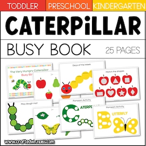 May include: A colorful printable busy book for toddlers, preschoolers, and kindergarteners featuring a caterpillar theme. The book includes activities like matching shapes, days of the week, and pompom activities. The book has 25 pages.